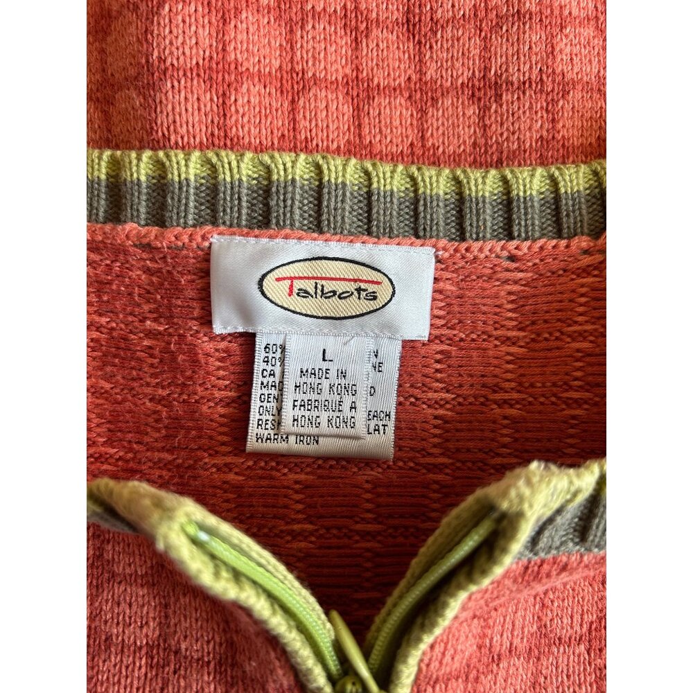 Talbots Womens Cardigan Sweater L Orange/Green Checkered Pattern Elbow patches - Picture 6 of 10